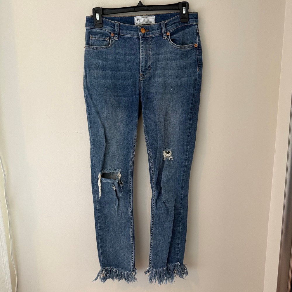 Free People Distressed Frayed Fringe Hem Skinny Jeans Blue Denim W27
